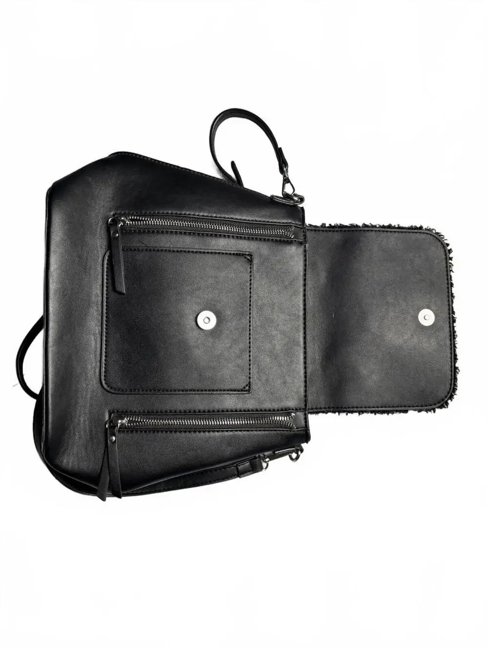 Black Faux Leather Backpack with Shearling Flap and Multiple